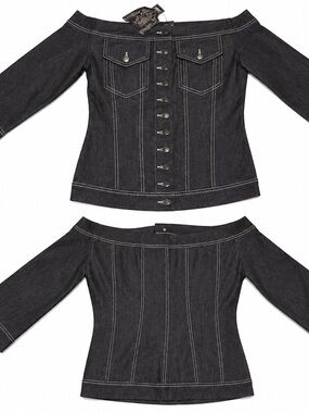 Off-the-Shoulder Dark Denim Button-Front Top